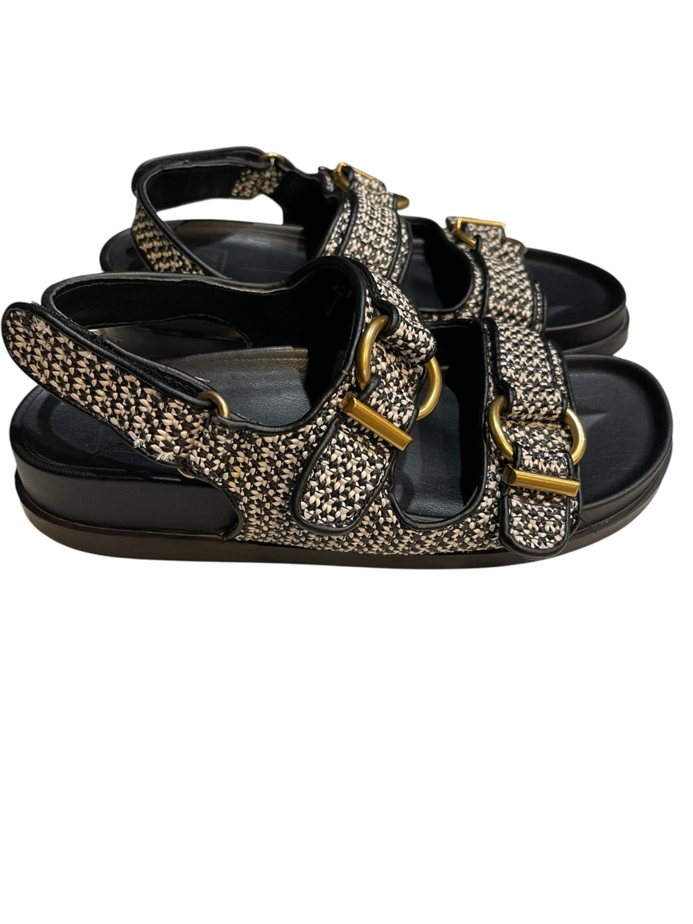 Dolce Vita Shelli 2 Strap Raffia Weave Wedge Sandal Black White SZ 7.5